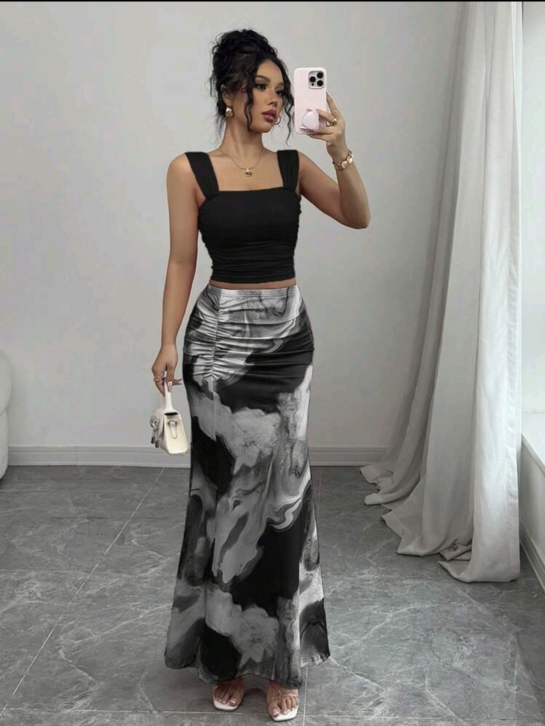 Elenzga Romantic Tie Dye Print Pleated Collar Camisole And Skirt 2 Pieces Set